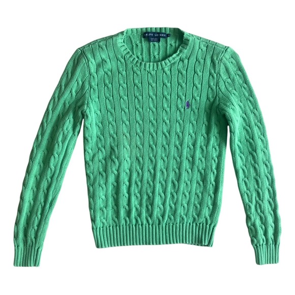 Vintage Ralph Lauren Y2K Women's Kelly Green Cable Knit Cotton Sweater Logo- S - Picture 2 of 6